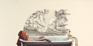 Cryogenics Afterlife, a selfportrait where the artist enjoys an icy beauty bath with closed eyes in a tub, keeping her cool.