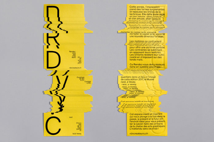Cut-outs, textures, glossy varnish, and hot printed matter modify the typography.