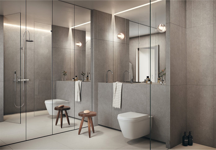 The interior concept in Gasklockan is characterized by pure and strong materials such as plaster, stone and glass.