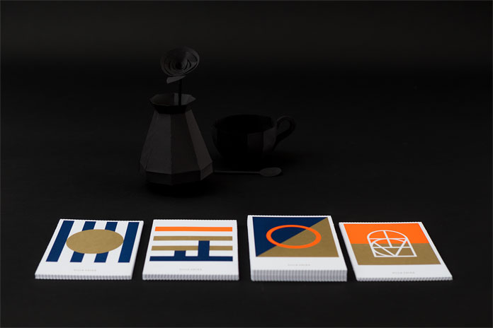 Print products in Pantone blue, gold, and neon-orange.