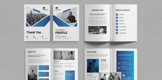 A company profile brochure template by DesignCoach made for use in Adobe InDesign.