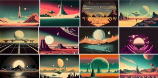 Download retro-futuristic AI generated images of sci-fi landscapes.