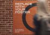 Glued poster mockup on a brick wall with a woman in the front.