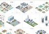 Isometric vector graphics of buildings, diverse objects, and city maps.