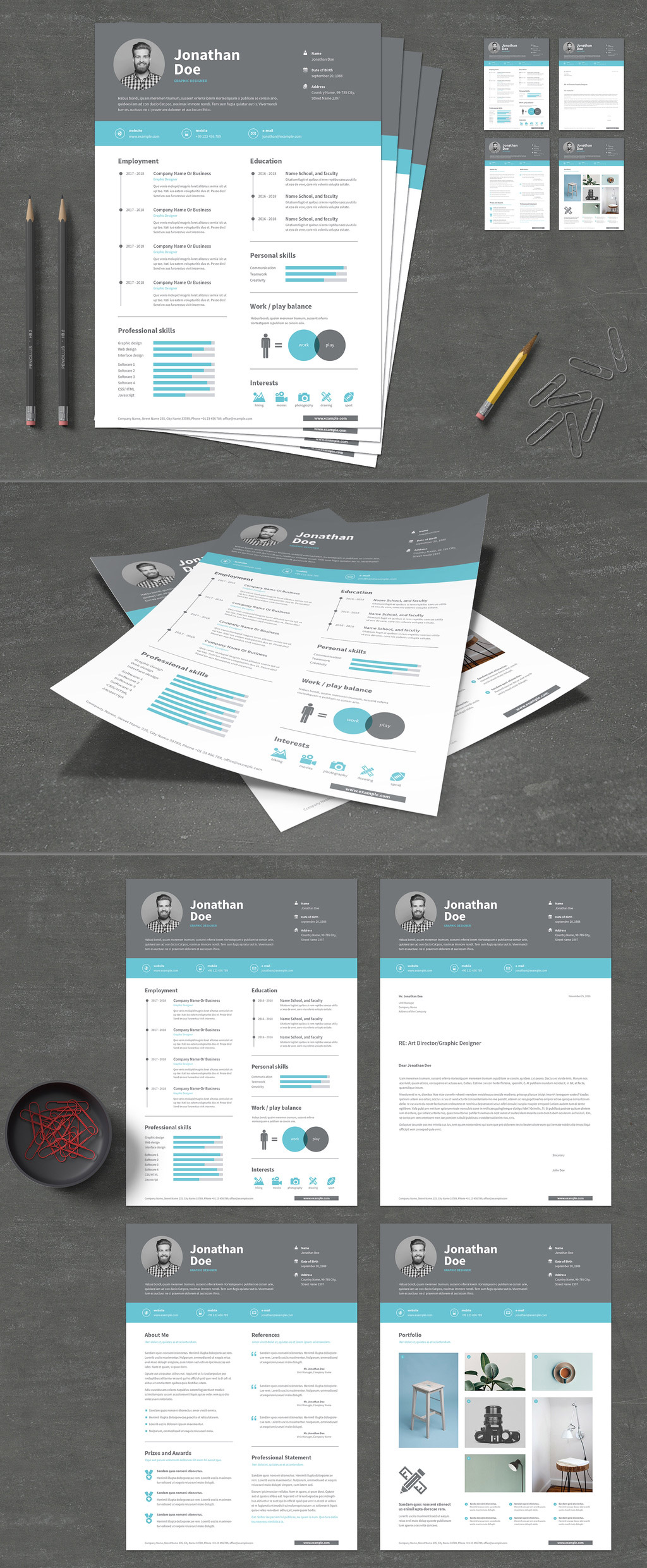 Resume and Cover Letter Templates with Gray Header and Blue Accents