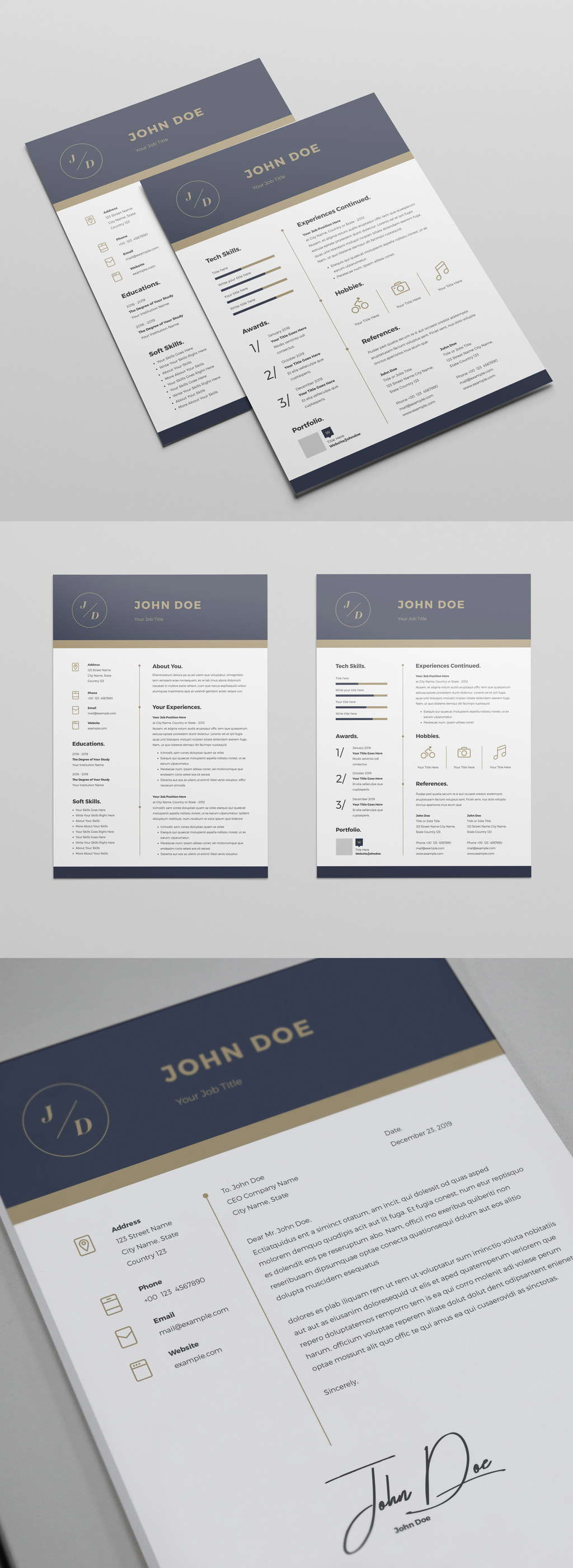 Resume InDesign Template with Blue and Gold Header