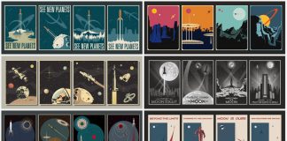 Retrofuturistic, sci-fi, and space travel-inspired poster templates.