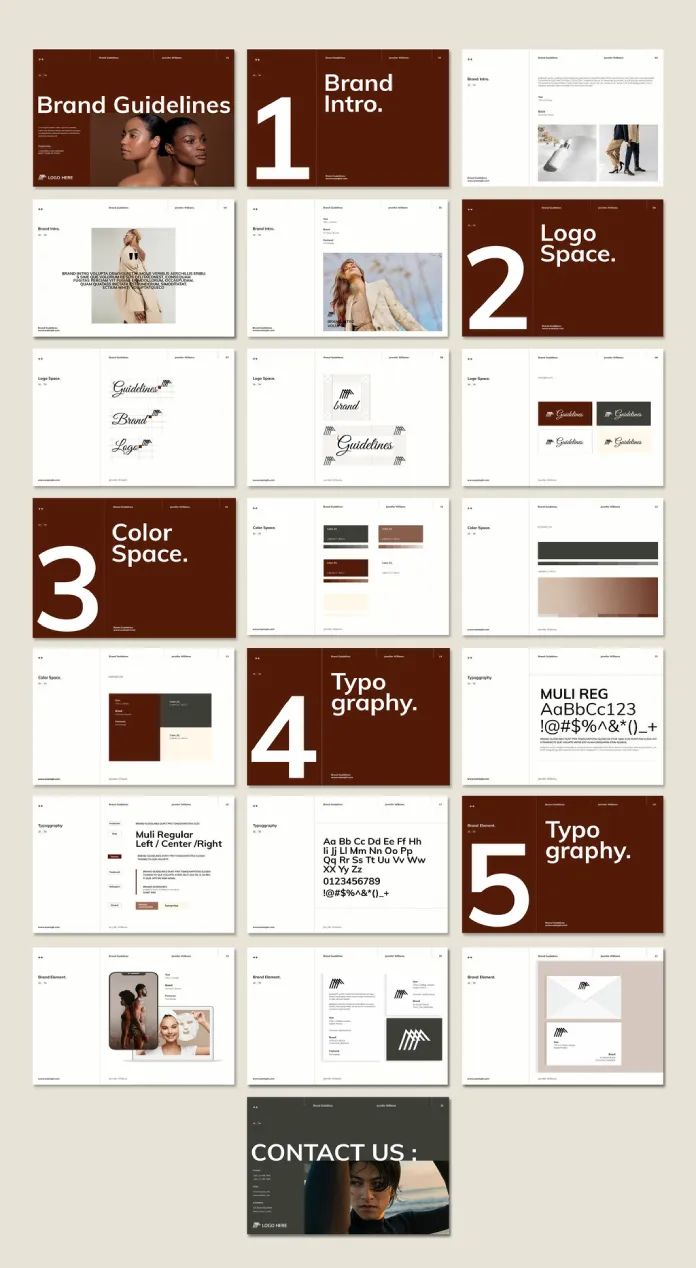 A Modern and Minimalist Brand Guidelines Layout by PixWork with 22 Customizable Pages in Adobe InDesign