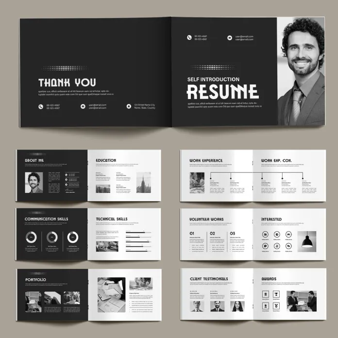 A Clean Black and White Resume Booklet Design Template for Adobe InDesign