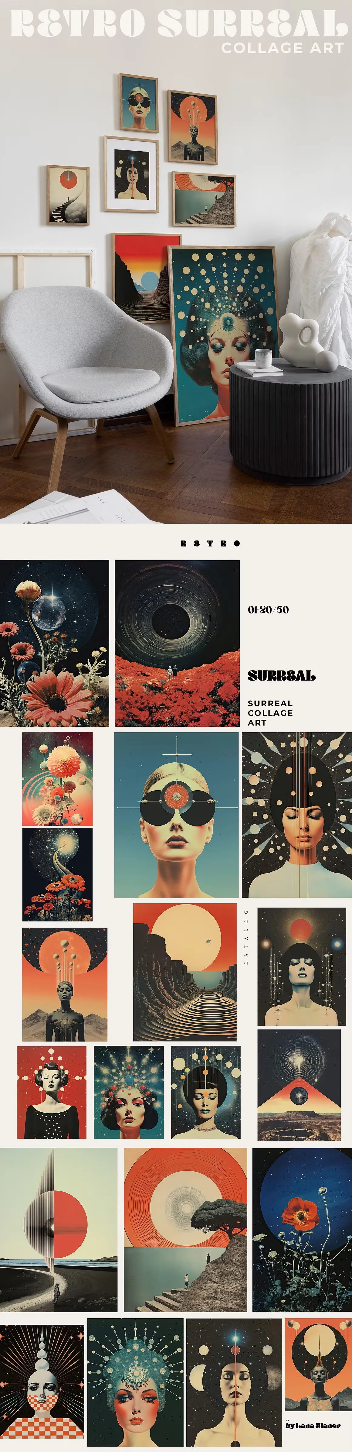 Download 60 collage art prints by Lana Elanor in a surreal retro-futurstic style